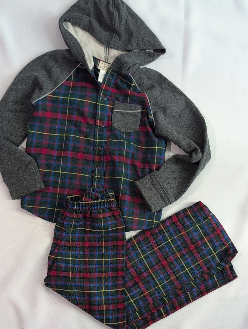 L.L. Bean Gray Hooded Plaid Kids Pajama Set - Navy, Green, Burgundy